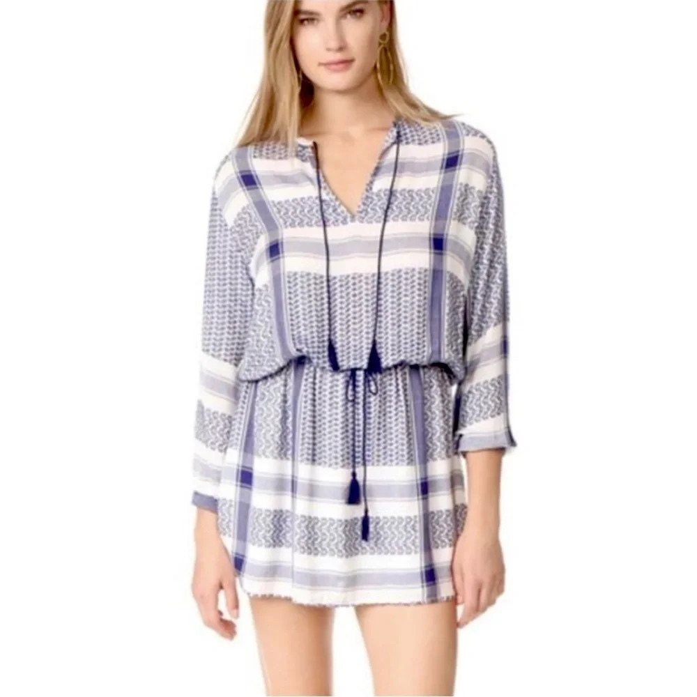 Rails Adelinel Dress Sapphire Jacquard Navy White Tassle Long Sleeve Size M